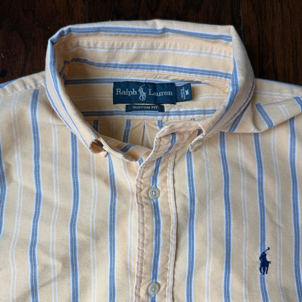 Vintage Ralph Lauren Custom Fit Yellow Blue Stripe Shirt Men's M 90s Pony